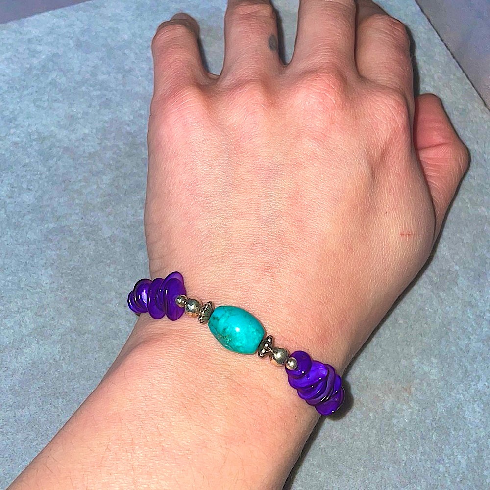 Turquoise, silver, and indigo purple cluster beaded clasp bracelet.